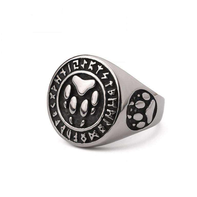 Viking Ring Wolf Paw Rune Circle - Silver