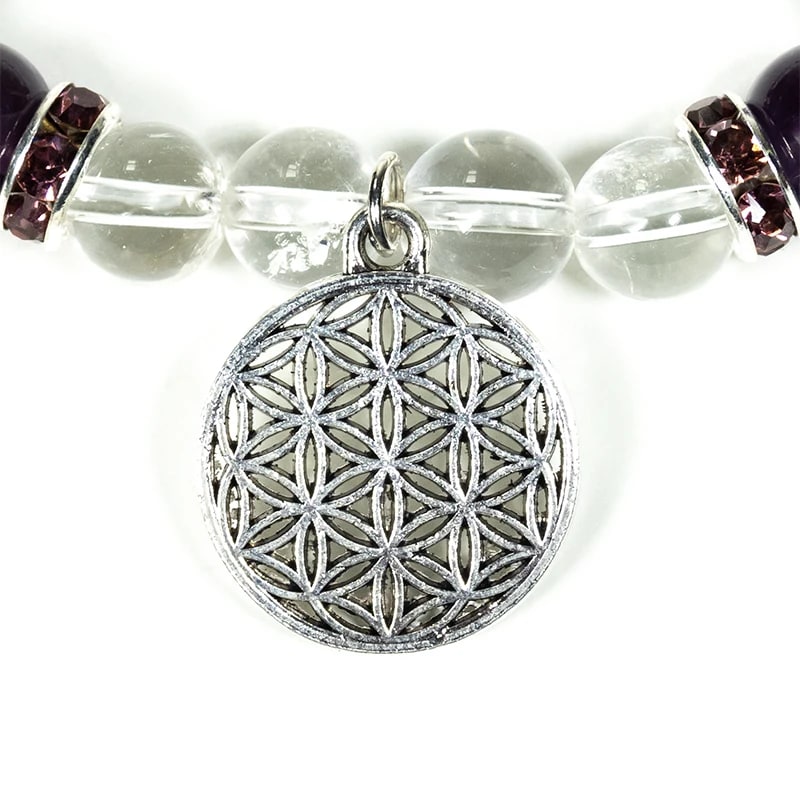 Clear Quartz and Amethyst Bracelet with Flower of Life Charm