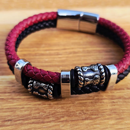 Bracelett "Mjölner Twin Leather" (Black / Red)