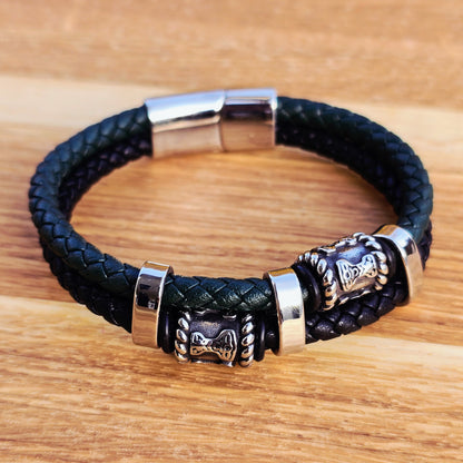 Bracelett "Mjölner Twin Leather" (Black / Green)