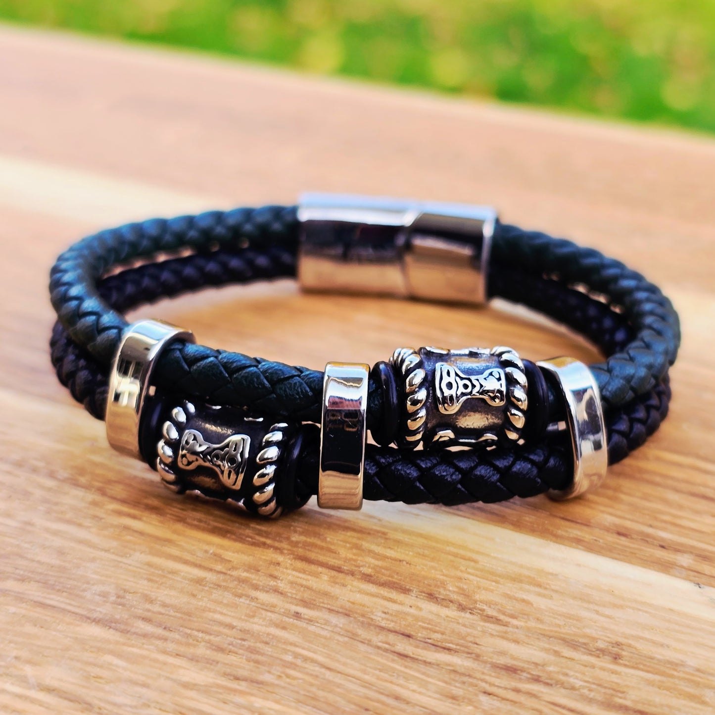 Bracelett "Mjölner Twin Leather" (Black / Green)