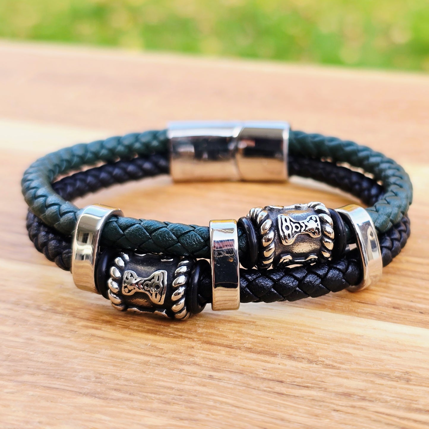 Bracelett "Mjölner Twin Leather" (Black / Green)