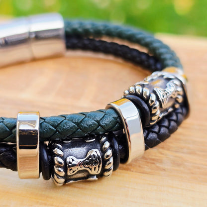 Bracelett "Mjölner Twin Leather" (Black / Green)