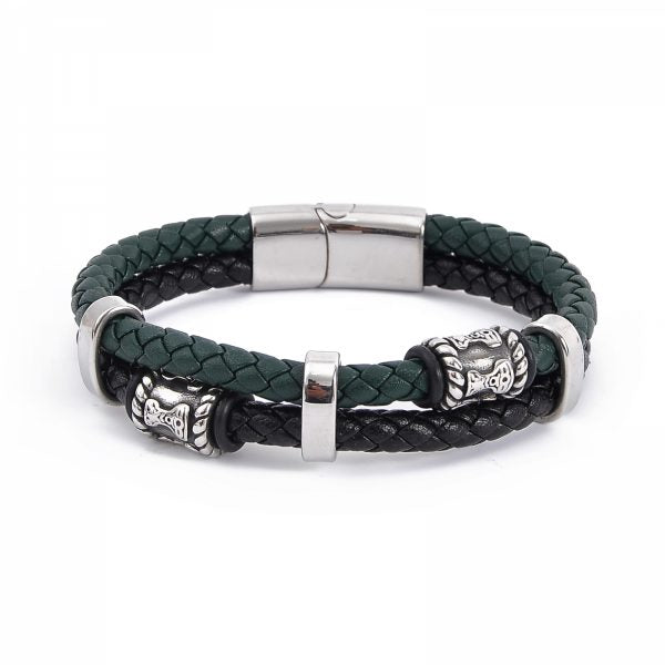 Bracelett "Mjölner Twin Leather" (Black / Green)
