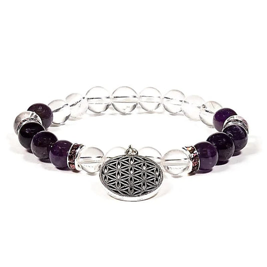 Armband aus Bergkristall und Amethyst mit Anhänger „Blume des Lebens“.